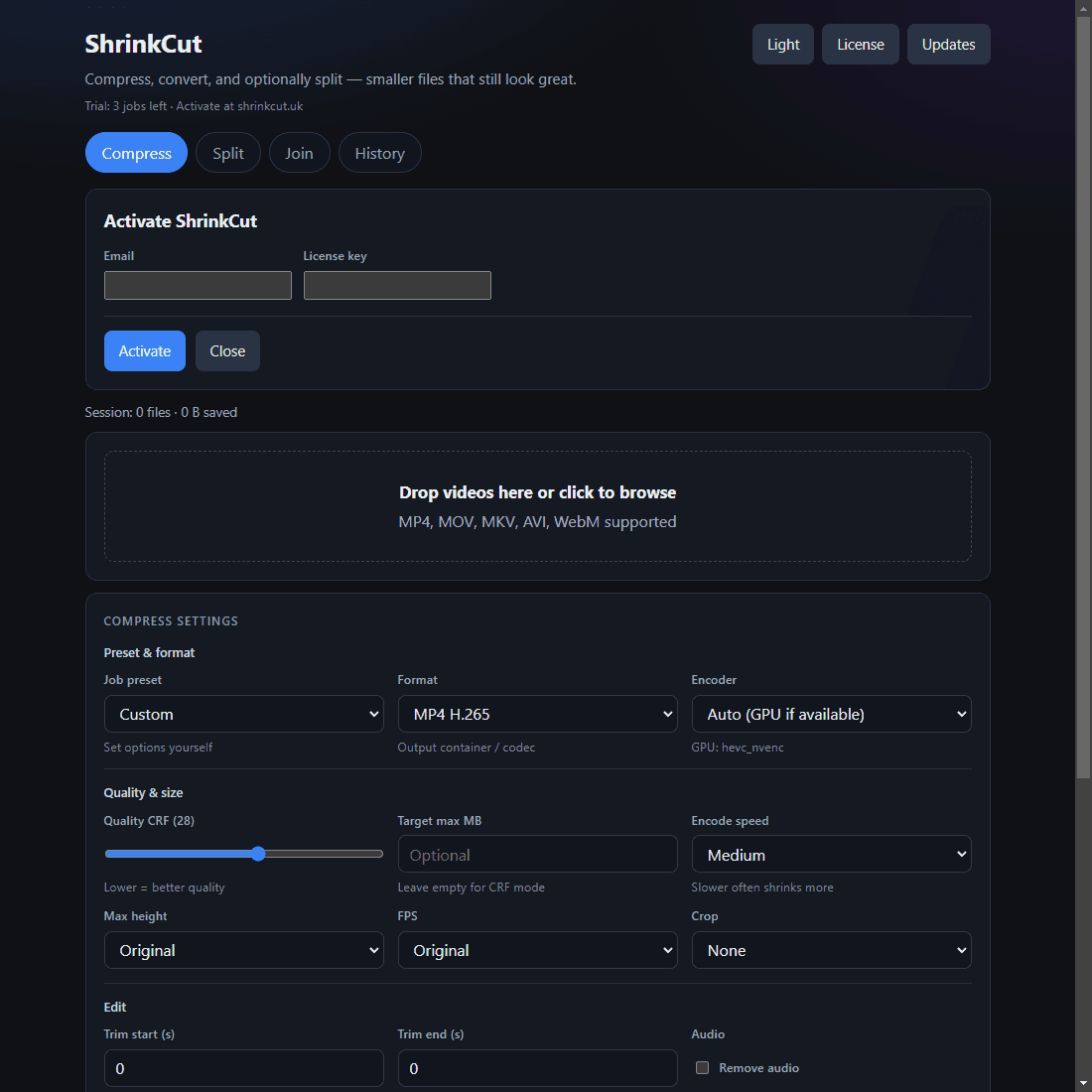 ShrinkCut license activation panel