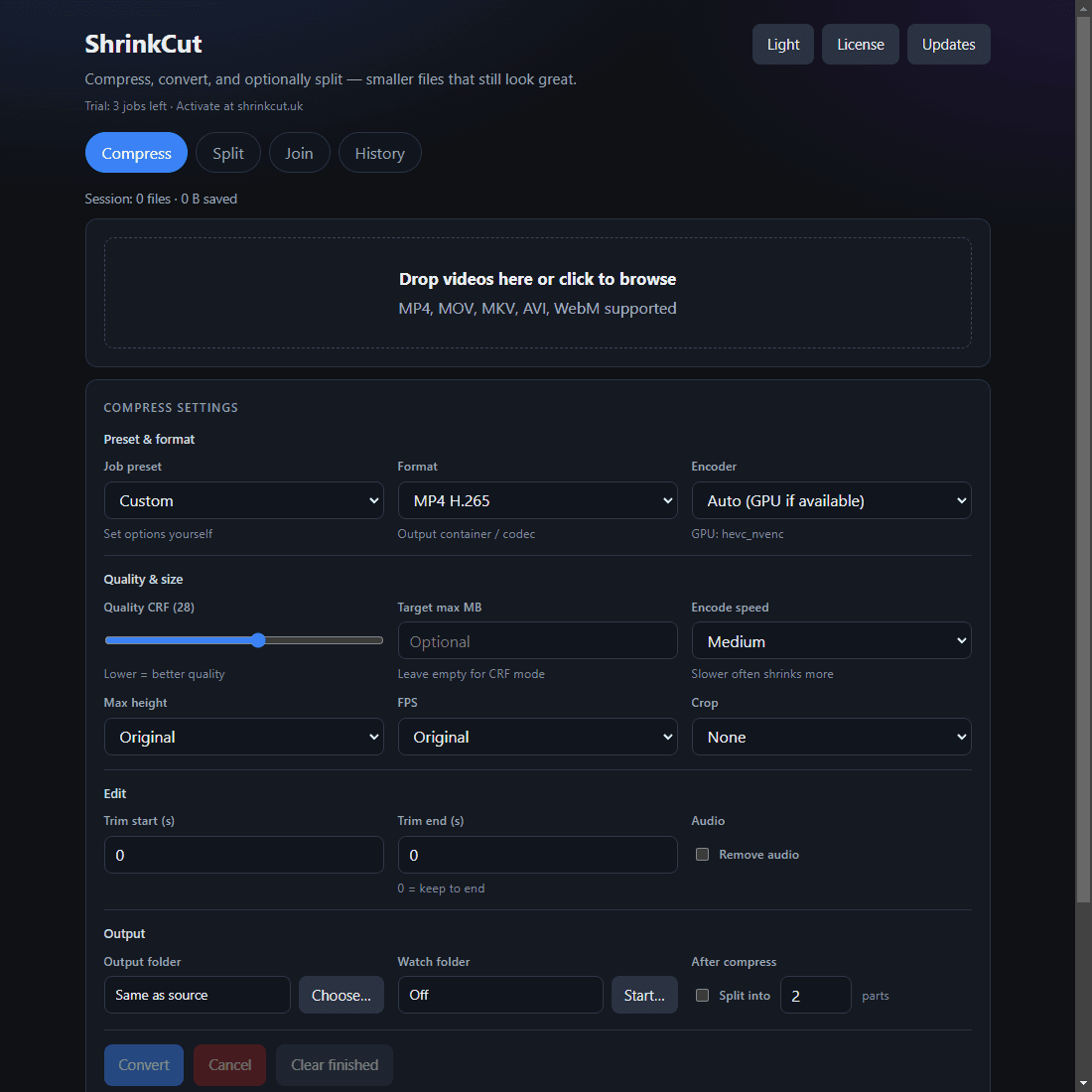 ShrinkCut Compress tab in dark theme