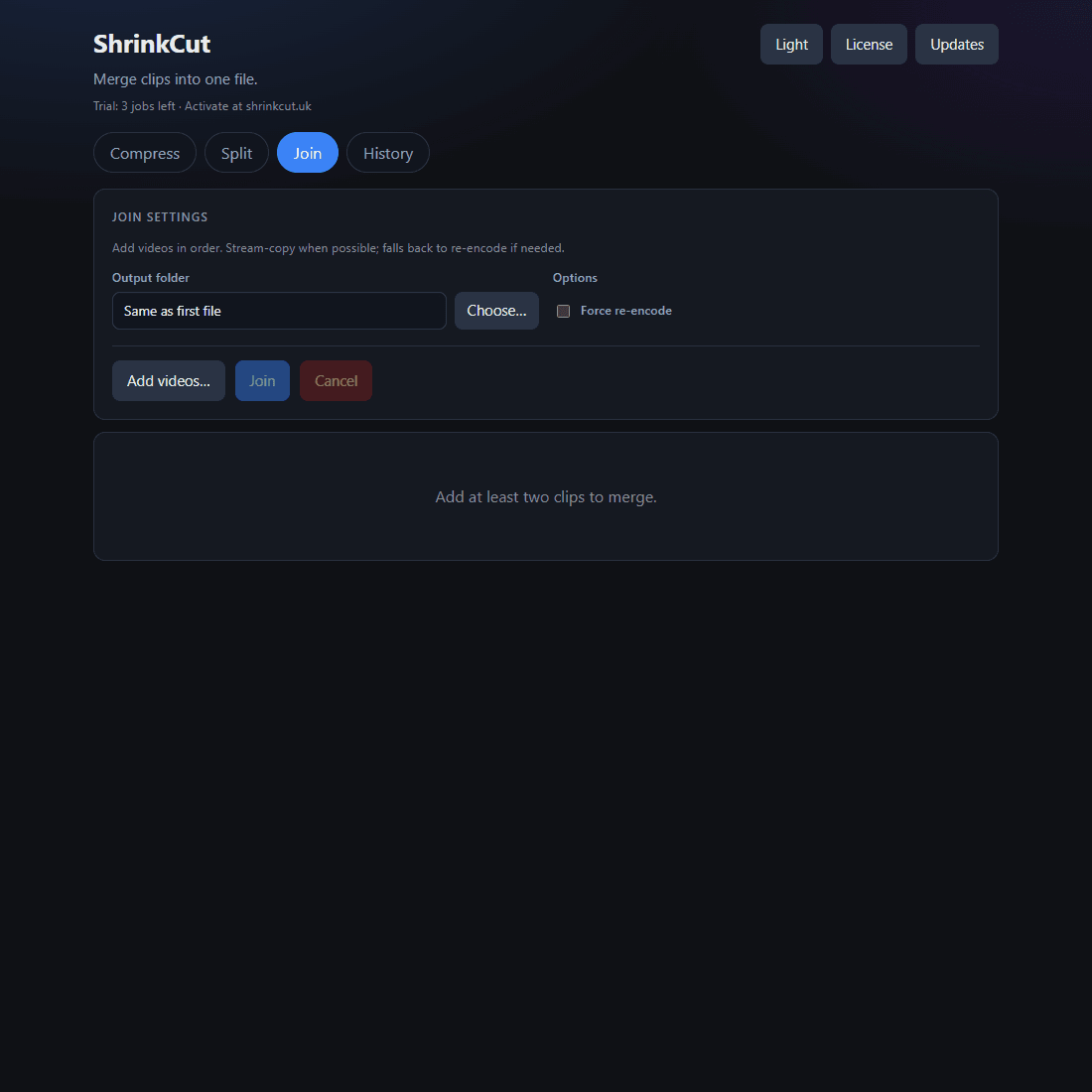ShrinkCut Join tab for merging video clips