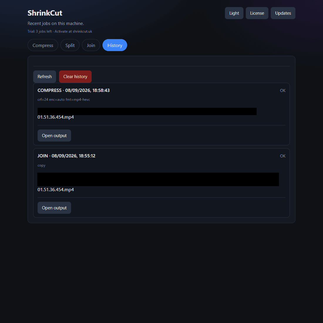 ShrinkCut History tab showing recent local video jobs