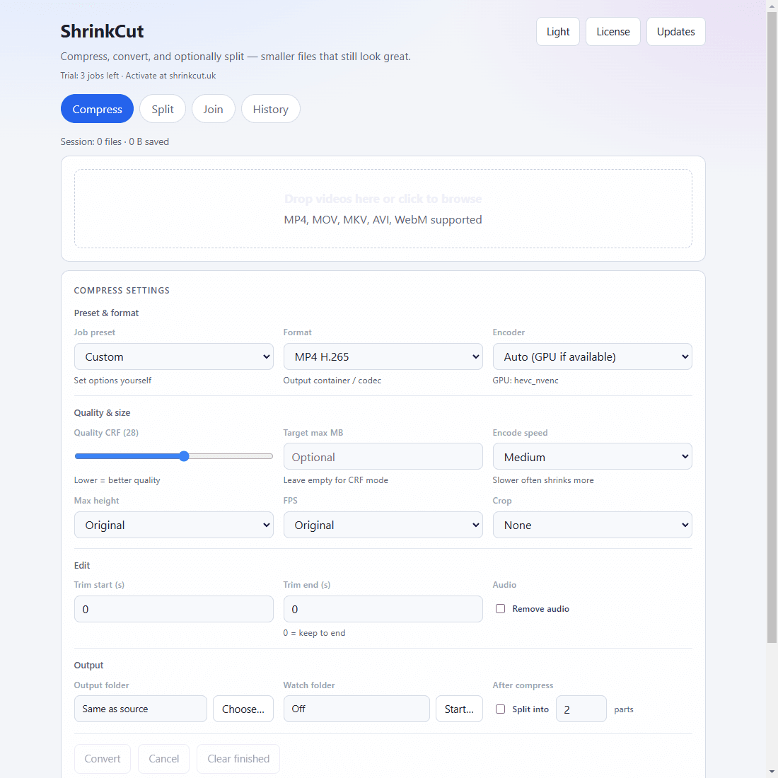 ShrinkCut Compress tab in light theme
