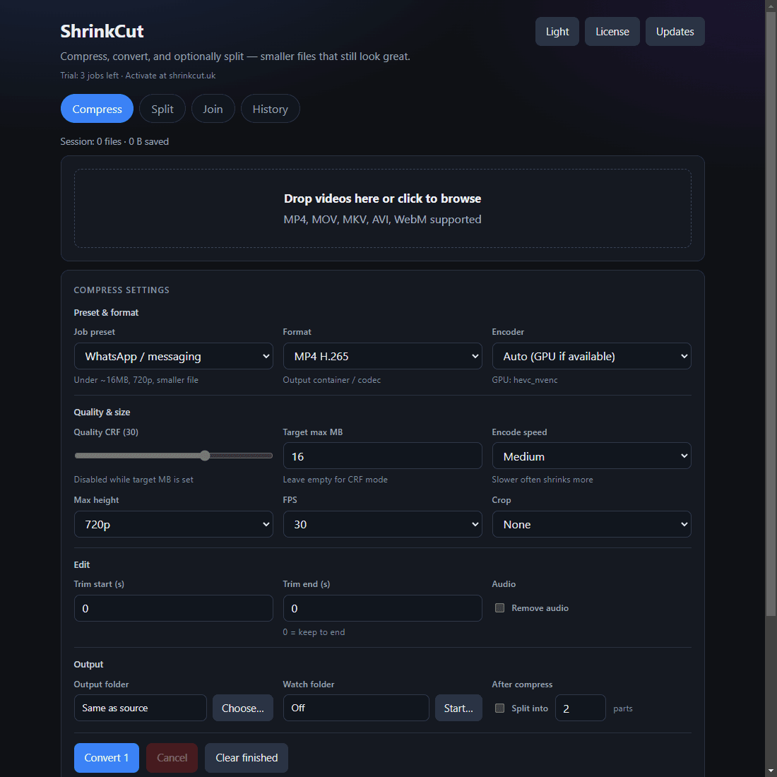 ShrinkCut Compress tab with WhatsApp preset and organised settings sections