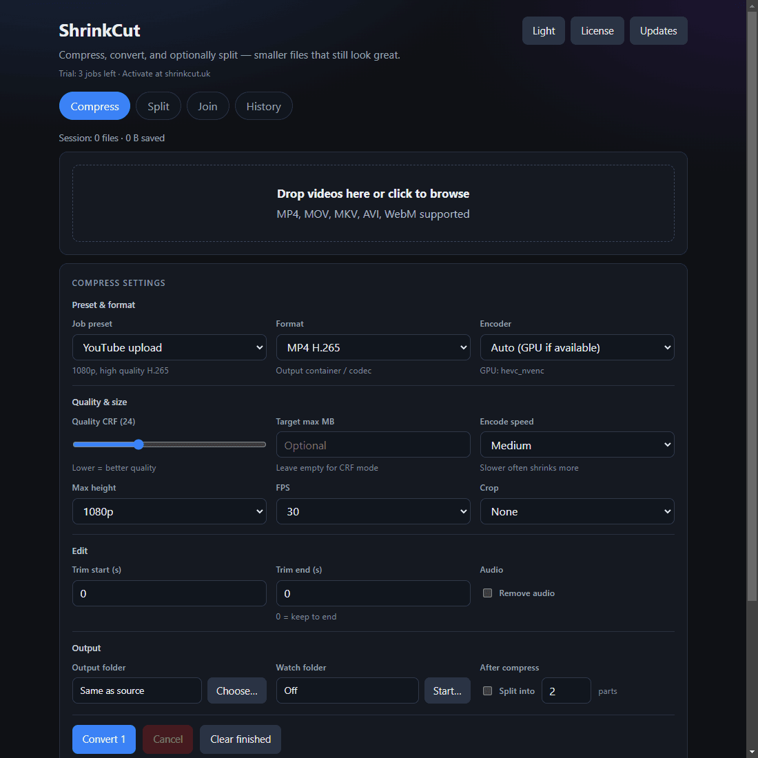 ShrinkCut Compress tab with YouTube upload preset selected