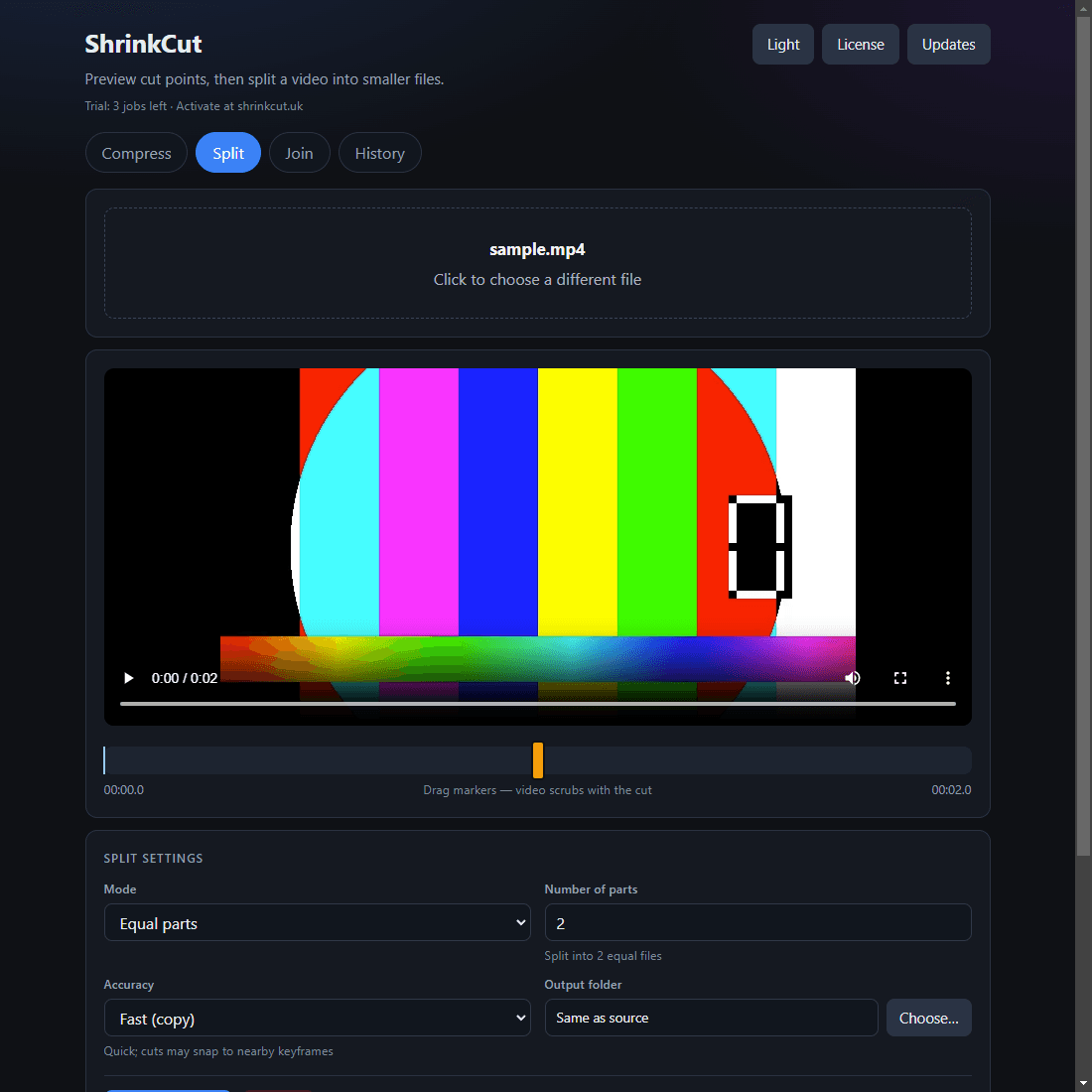 ShrinkCut Split tab with video preview and timeline cut markers